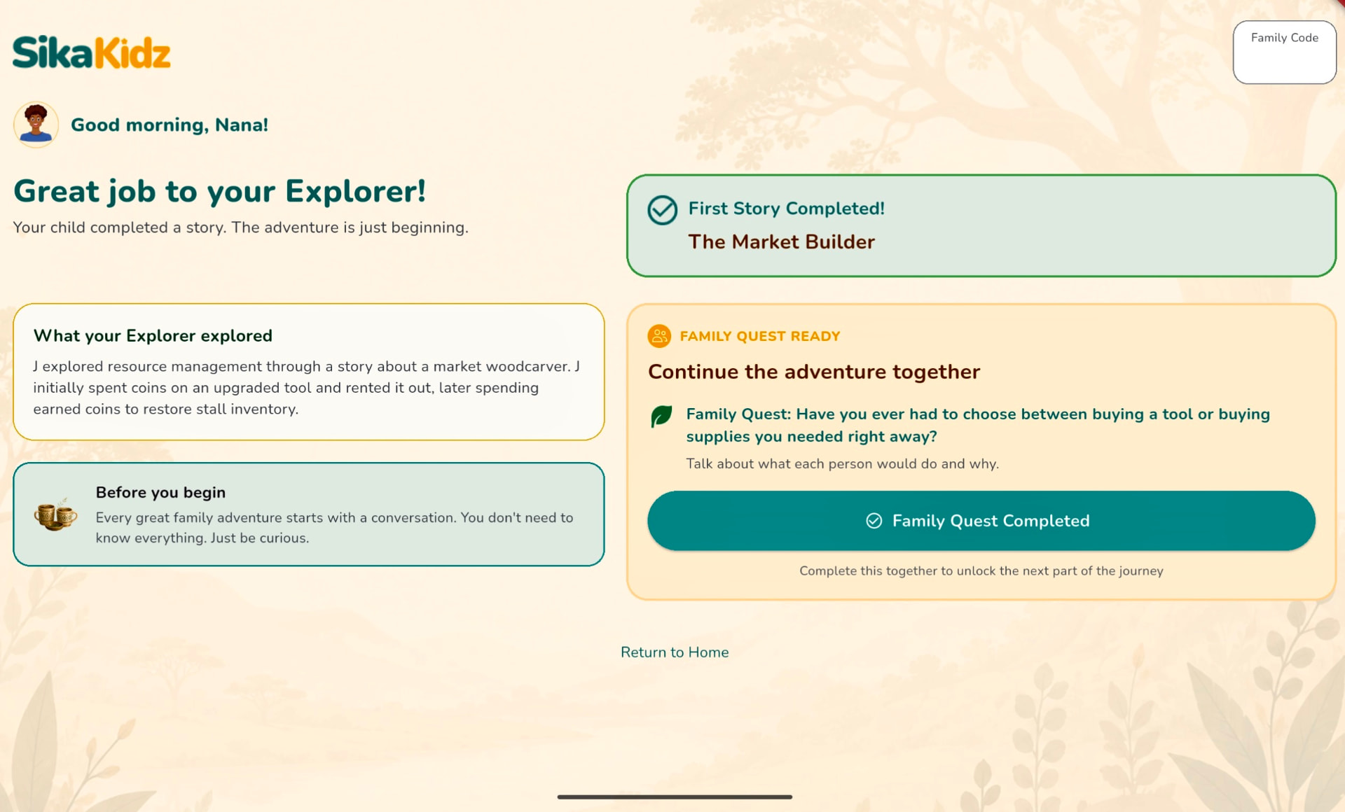 Parent screen showing the completed story summary and the Family Quest conversation prompt